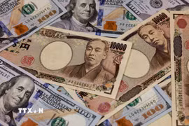 Đồng tiền mệnh giá 10.000 yen và 100 USD. (Ảnh: AFP/TTXVN)