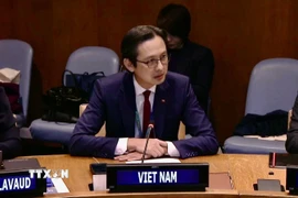 Đại sứ Đỗ Hùng Việt, Trưởng Phái đoàn thường trực Việt Nam tại Liên hợp quốc, phát biểu tại buổi tọa đàm. (Ảnh: Thanh Tuấn/TTXVN)
