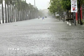 Tuyến đường Phan Chu Trinh, phường Hạc Thành, tỉnh Thanh Hóa (trước quảng trường Lam Sơn) bị ngập sâu. (Ảnh: Việt Hoàng/TTXVN)