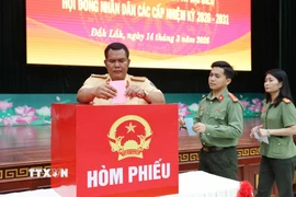 Cán bộ, chiến sỹ Công an tỉnh Đắk Lắk thực hiện việc bầu cử sớm. (Ảnh: Hoài Thu/TTXVN)