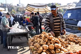 Trẻ tị nạn Syria cùng người thân nghỉ tạm tại khu vực biên giới với Liban ngày 12/12/2024. (Ảnh: THX/TTXVN)