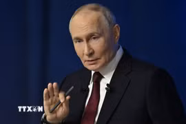 Tổng thống Nga Vladimir Putin tại cuộc họp báo ở Moskva. (Nguồn: AA/TTXVN)