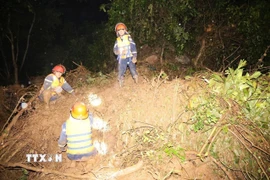 Lực lượng chức năng tìm kiếm nạn nhân còn mất tích tại khu vực đèo Khánh Sơn (xã Cam An, tỉnh Khánh Hòa). (Nguồn: TTXVN phát)