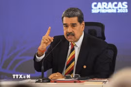 Tổng thống Venezuela Nicolas Maduro phát biểu tại cuộc họp báo ở Caracas. (Nguồn: THX/TTXVN)