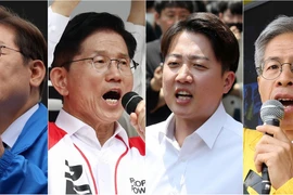 Các ứng viên tranh cử Tổng thống Hàn Quốc (từ trái sang): Lee Jae-myung của đảng Dân chủ Tự do, Kim Moon-soo thuộc đảng Quyền lực Nhân dân, Lee Jun-seok của đảng Cách tân mới và Kwon Young-kook của đảng Công lý. (Ảnh: YONHAP/TTXVN)