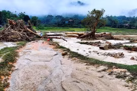 Bản biên giới tỉnh Nghệ An bị lũ quét trong đêm. (Ảnh: TTXVN phát)