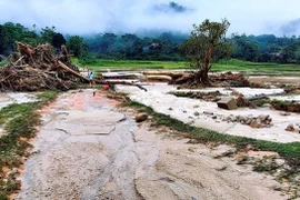 Bản biên giới tỉnh Nghệ An bị lũ quét trong đêm. (Ảnh: TTXVN phát)