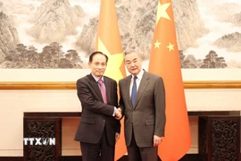 Ông Lê Hoài Trung - Ủy viên Bộ Chính trị, Bộ trưởng Bộ Ngoại giao, Đặc phái viên của Tổng Bí thư Tô Lâm và ông Vương Nghị - Ủy viên Bộ Chính trị, Chủ nhiệm Văn phòng Ủy ban Công tác Đối ngoại Trung ương, Bộ trưởng Bộ Ngoại giao Trung Quốc. (Ảnh: Công Tuyên/TTXVN)