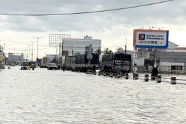 Đoạn quốc lộ 1 qua phường Bình Minh (Vĩnh Long) bị ngập sâu, ảnh hưởng đến việc lưu thông. (Ảnh: Lê Thúy Hằng/TTXVN)