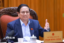 Thủ tướng Phạm Minh Chính chủ trì cuộc họp Thường trực Chính phủ về dự án sân bay Gia Bình. (Ảnh: Dương Giang/TTXVN)