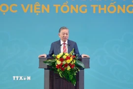 Tổng Bí thư Tô Lâm phát biểu Chính sách tại Học viện Tổng thống Nga. (Ảnh: TTXVN phát)