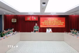 Hội nghị đánh giá công tác chuẩn bị tổ chức và bảo đảm an ninh, trật tự Lễ mở ký Công ước của Liên hợp quốc về chống tội phạm mạng. (Ảnh: Phạm Kiên/TTXVN)