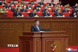 Nhà lãnh đạo Kim Jong Un phát biểu tại ngày làm việc thứ hai của Đại hội lần thứ IX Đảng Lao động Triều Tiên ở Bình Nhưỡng ngày 20/2/2026. (Ảnh: KCNA/TTXVN)