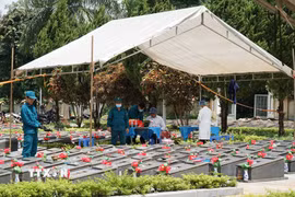 Tổ công tác khai quật, lấy mẫu hài cốt liệt sỹ tại Nghĩa trang Liệt sỹ Đức Cơ (xã Đức Cơ, tỉnh Gia Lai). (Ảnh: Hoài Nam/TTXVN)