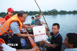 Hội Chữ thập Đỏ tỉnh Bắc Ninh tổ chức các đoàn công tác đến thăm hỏi, tặng quà cho người dân tại các xã Tiên Lục, Mỹ Thái và Ngọc Thiện. (Nguồn: TTXVN phát)
