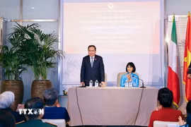 Chủ tịch Quốc hội Trần Thanh Mẫn nói chuyện với cán bộ Đại sứ quán và đại diện cộng đồng người Việt Nam tại Italy. (Ảnh: Doãn Tấn/TTXVN)