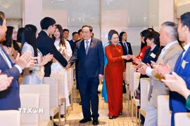 Trong chương trình thăm chính thức Cộng hòa Italy, trưa 14/4/2026 (giờ địa phương), tại thành phố Rome, Chủ tịch Quốc hội Trần Thanh Mẫn và phu nhân gặp gặp gỡ cán bộ Đại sứ quán và đại diện cộng đồng người Việt Nam tại Italy. (Ảnh: Doãn Tấn/TTXVN)