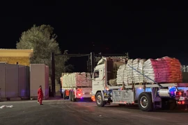 Xe tải chở hàng viện trợ di chuyển từ phía Ai Cập qua cửa khẩu Rafah vào Dải Gaza ngày 12/10/2025. (Nguồn: THX/TTXVN)