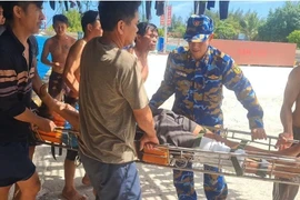 Ngư dân tàu cá QN 95489-TS đưa anh Phạm Văn Minh vào đảo Sinh Tồn cấp cứu. (Ảnh: TTXVN phát)