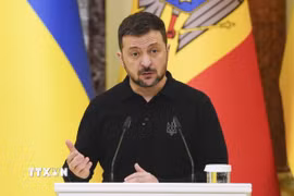 Tổng thống Ukraine Volodymyr Zelensky trong cuộc họp báo ở Kiev ngày 25/1/2025. (Ảnh: Kyodo/TTXVN)
