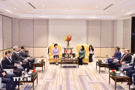 Đồng chí Hàm Huy, Phó Chủ tịch Chính hiệp Toàn quốc Trung Quốc chào xã giao đồng chí Bùi Thị Minh Hoài, Ủy viên Bộ Chính trị, Bí thư Trung ương Đảng, Chủ tịch Ủy ban Trung ương Mặt trận Tổ quốc Việt Nam. (Ảnh: Minh Đức/TTXVN)