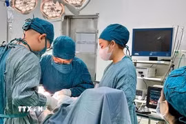 Êkíp khoa Ngoại tổng hợp của Bệnh viện Đa khoa Ninh Thuận thực hiện ca mổ cho bệnh nhân. (Nguồn: TTXVN phát)