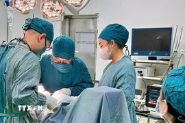Êkíp khoa Ngoại tổng hợp của Bệnh viện Đa khoa Ninh Thuận thực hiện ca mổ cho bệnh nhân. (Nguồn: TTXVN phát)