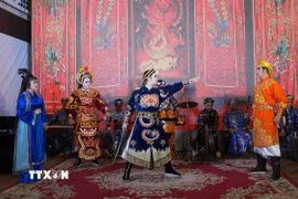 Thay vì thụ động chờ đợi khán giả mua vé vào rạp, Nhà hát Nghệ thuật hát Bội Thành phố Hồ Chí Minh đã chủ động mang di sản đi tìm người xem ở nơi công cộng. (Ảnh: Hữu Duyên/TTXVN)
