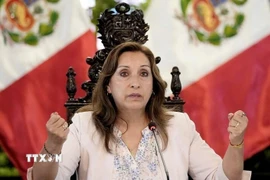 Tổng thống Peru Dina Boluarte phát biểu trong một cuộc họp báo tại Lima. (Nguồn: REUTERS/TTXVN)