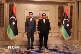 Đại sứ Việt Nam tại Ai Cập kiêm nhiệm Libya Nguyễn Nam Dương trình Thư ủy nhiệm của Chủ tịch nước Lương Cường lên Chủ tịch Hội đồng Tổng thống Libya Muhammad Al-Menfi. (Nguồn: TTXVN phát)