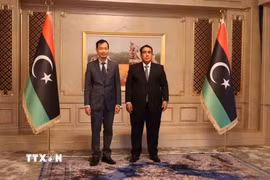 Đại sứ Việt Nam tại Ai Cập kiêm nhiệm Libya Nguyễn Nam Dương trình Thư ủy nhiệm của Chủ tịch nước Lương Cường lên Chủ tịch Hội đồng Tổng thống Libya Muhammad Al-Menfi. (Nguồn: TTXVN phát)