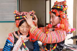 Phụ nữ người Hà Nhì vùng biên viễn Lai Châu sửa soạn trang phục đón một mùa Xuân mới. (Ảnh: Quý Trung/TTXVN)