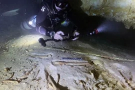 Nhà khảo cổ học Octavio del Río chụp ảnh một bộ xương người tiền sử được phát hiện bên trong hệ thống hang động ngập nước ở Actun, gần Tulum, Mexico. (Nguồn: AP)