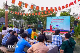 Du khách đến từ Thành phố Hồ Chí Minh và các tỉnh miền Tây tham gia trải nghiệm, thưởng thức nghệ thuật Đờn ca tài tử tại phường Bình Minh Tây Ninh. (Ảnh: Minh Phú/TTXVN)