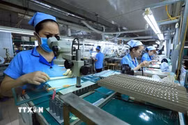 Việt Nam xuất khẩu sang New Zealand gồm các sản phẩm điện thoại các loại và linh kiện, máy vi tính, sản phẩm điện tử và linh kiện, thủy sản, hạt điều, giày dép. Trong ảnh: Sản xuất, gia công linh kiện đo lường nhiệt độ tại Công ty Trách nhiệm hữu hạn Sankoh Việt Nam. (Ảnh: Tuấn Anh/TTXVN)