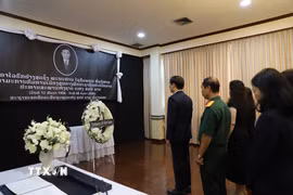 Đại sứ Phạm Việt Hùng viếng Chủ tịch Quốc hội nước Cộng hòa Dân chủ Nhân dân Lào Xaysomphone Phomvihane. (Ảnh: Đỗ Sinh/TTXVN)