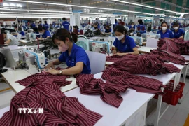 May hàng xuất khẩu sang thị trường châu Âu tại Khu công nghiệp VSIP Nghệ An. (Ảnh: Vũ Sinh/TTXVN)