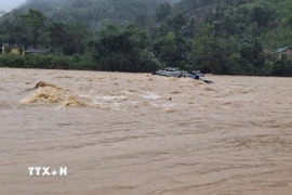 Chiếc xe container vượt ngầm tràn, tài xế bị lũ cuốn trôi mất tích. (Nguồn: TTXVN phát)