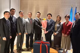 Đại sứ Đặng Hoàng Giang dẫn đầu đoàn các cơ quan đại diện tại New York chúc mừng Đại sứ Lào Anouparb Vongnorkeo (thứ 4 từ phải sang) nhân dịp Tết cổ truyền Bunpimay. (Ảnh: TTXVN phát)