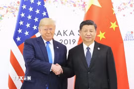 Chủ tịch Trung Quốc Tập Cận Bình (phải) trong cuộc gặp Tổng thống Mỹ Donald Trump tại Osaka, Nhật Bản ngày 29/6/2019. (Ảnh: THX/TTXVN)