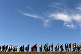 Dòng người di cư vượt qua biên giới Áo-Đức ở khu vực Simbach, miền Nam Đức. (Nguồn: Getty Images/TTXVN)