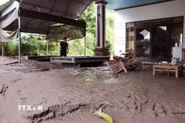 Lớp bùn đất dày khoảng 0,5m phủ kín nền nhà của một hộ dân sau mưa lớn. (Ảnh: Đức Thọ/TTXVN)