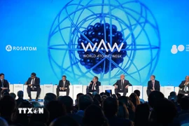 Tổng Giám đốc Tập đoàn năng lượng nguyên tử Nga Alexey Likhachev (ngồi giữa) chủ trì phiên toàn thể. (Ảnh: Trần Hải/TTXVN)