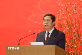 Tân Bí thư Tỉnh ủy Lào Cai Dương Quốc Huy phát biểu nhận nhiệm vụ. (Ảnh: Tuấn Anh/TTXVN)