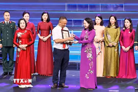 Phó Chủ tịch nước Võ Thị Ánh Xuân trao giải B cho đại diện nhóm tác giả của Ban biên tập Ảnh, Thông tấn xã Việt Nam. (Ảnh: Doãn Tấn/TTXVN)