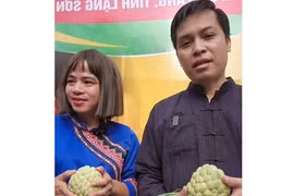 Chủ tịch Ủy ban Nhân dân xã Chi Lăng Vi Thiện Việt và Tiktoker Cô Hến đã livestream trực tiếp kết hợp trực tuyến giới thiệu, quảng bá, bán na. (Nguồn: Facebook Hài Cô Hến)