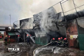 Các lực lượng chức năng dập lửa. (Ảnh: TTXVN phát)
