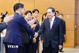 Chủ tịch Quốc hội Trần Thanh Mẫn và các đại biểu Đoàn Nghị sỹ trẻ Nhật Bản. (Ảnh: Doãn Tấn/TTXVN)