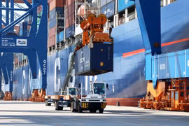 Bốc dỡ hàng xuất nhập khẩu trên cảng quốc tế Gemalink, tỉnh Bà Rịa-Vũng Tàu. (Ảnh: Hồng Đạt/TTXVN)