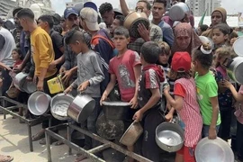 Người dân Palestine nhận thức ăn cứu trợ tại Dải Gaza. (Ảnh: IRNA/TTXVN)